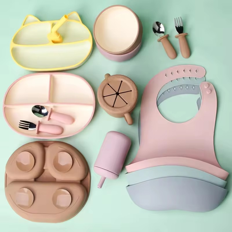 Silicon Kids Dining Bowl Spoon Plate Bib Baby Feeding Products