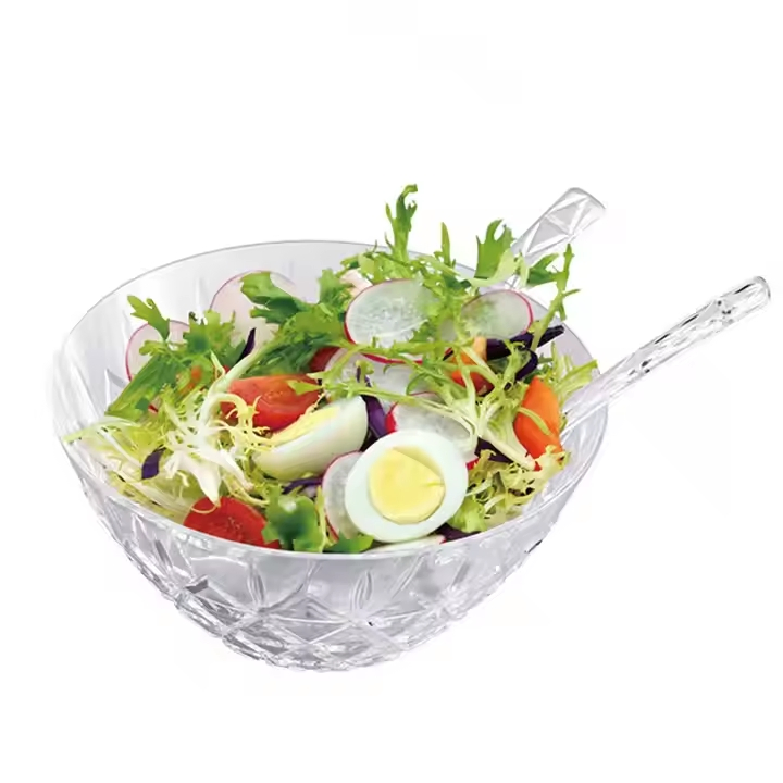 Custom Transparent Acrylic Round Plastic Takeaway Reusable Fruit Salad Bowl with Lid