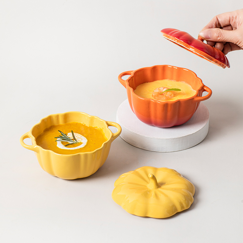 Halloween Ceramic Pumpkin Bowl with Lid Double Ear Children's Soup Bowl