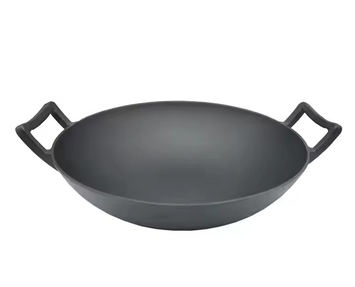 Customized Flat Bottom Wok Pan Wok Pannen Grote Maat Preseasoned Cast Iron Shallow Concave Wok