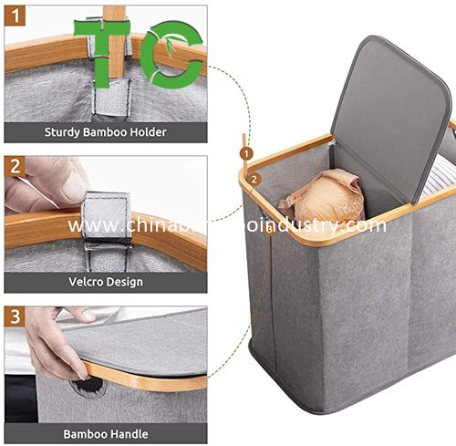 Wholesale Bamboo Double Laundry Hamper with Lid, Collapsible Dirty Clothes Basket with Handles, 2 Section Waterproof Small Clothes Hamper Storage