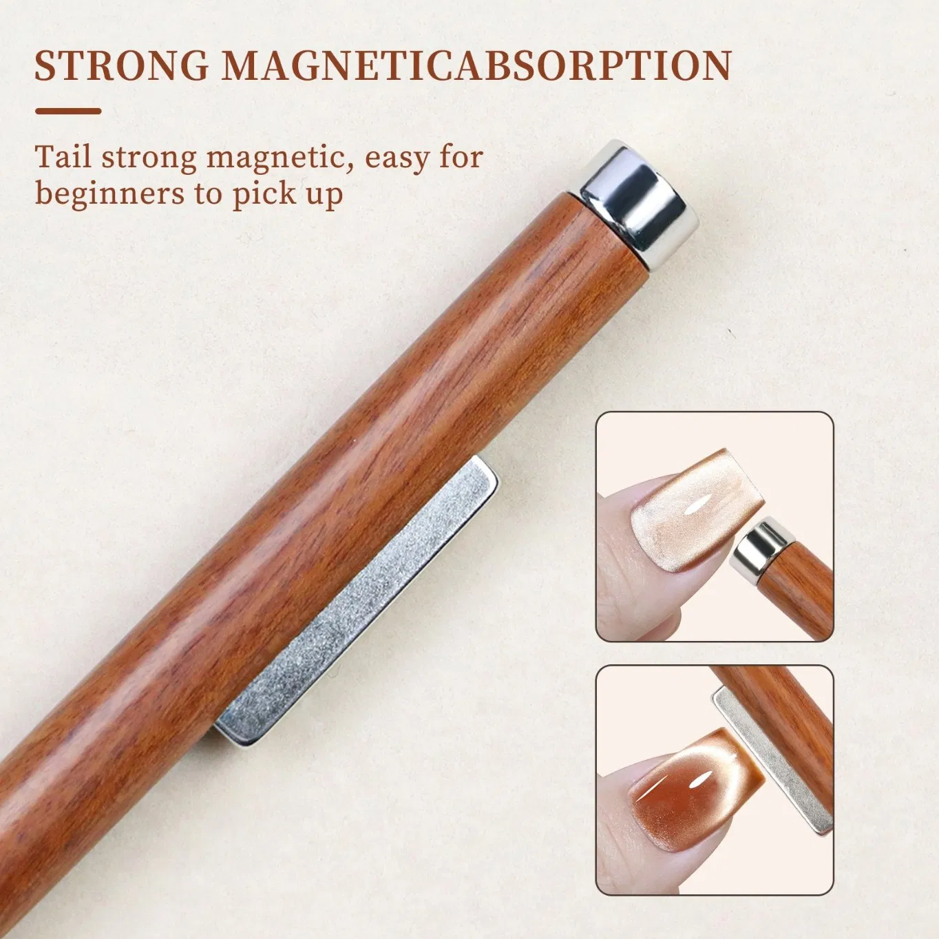 New 3 in 1 Strong Magnet Nail Brush Sandalwood Dual Head Ultra Thin Phototherapy Pen Multi-Function Cat Eye Magnet Nail Art Tools