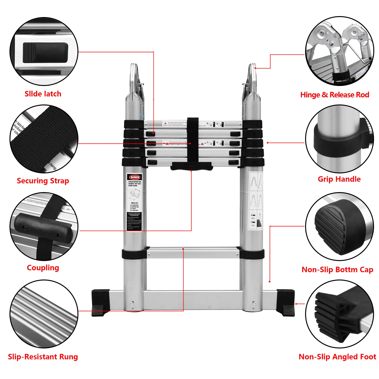 2 in 1 Double Aluminum a-Type Multifunction Telescopic Extension Ladder Industrial Design Style Foldable Ladder Stools