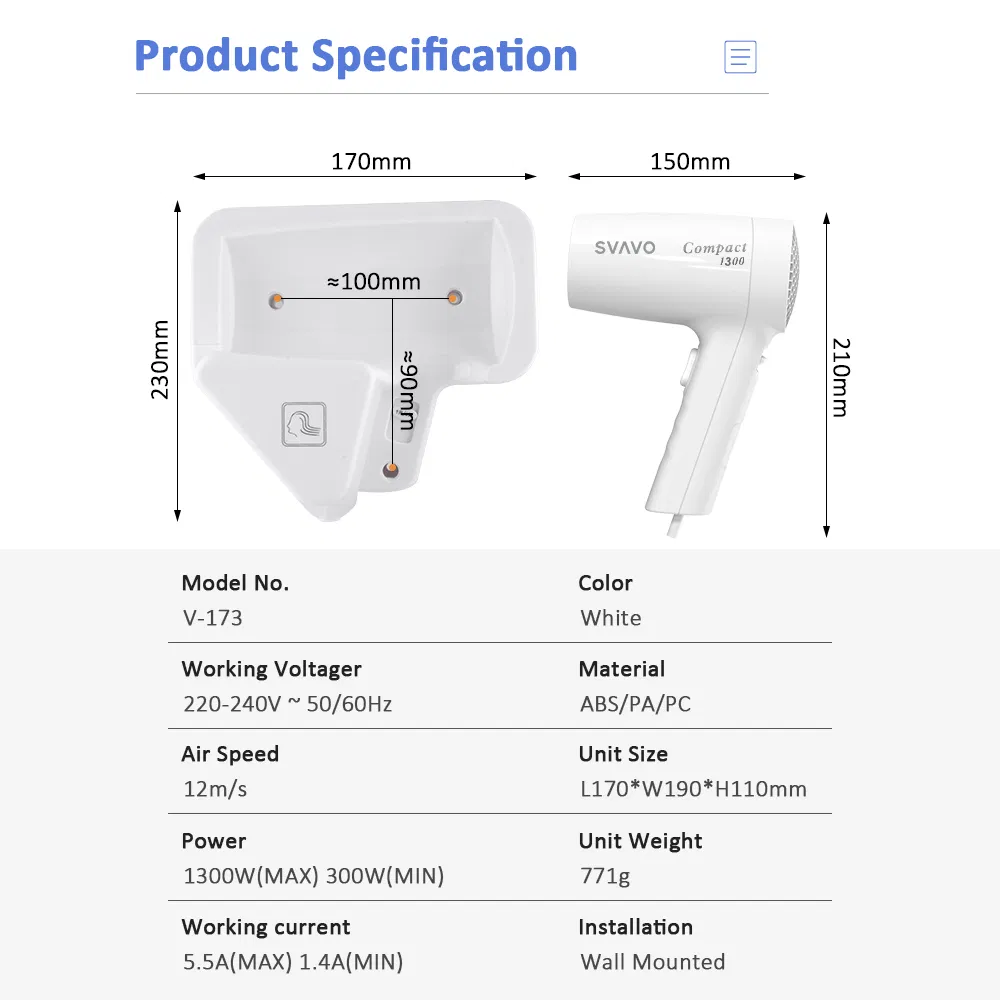 Professional Hotel Bathroom Wall Mounted 1300-Watt Negative Ion Electric Hair Dryer
