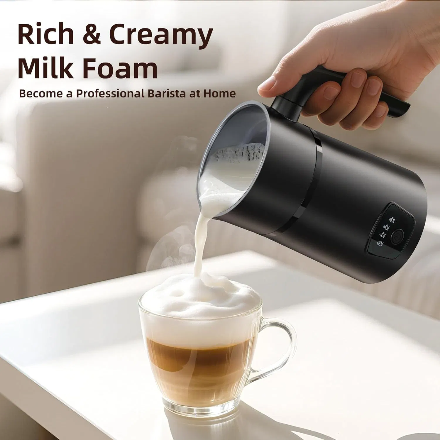 Stainless Steel Milk Frother with Non-Stick Coating-350ml, 4-in-1 Function, Fast Frothing in 1-2 Minutes