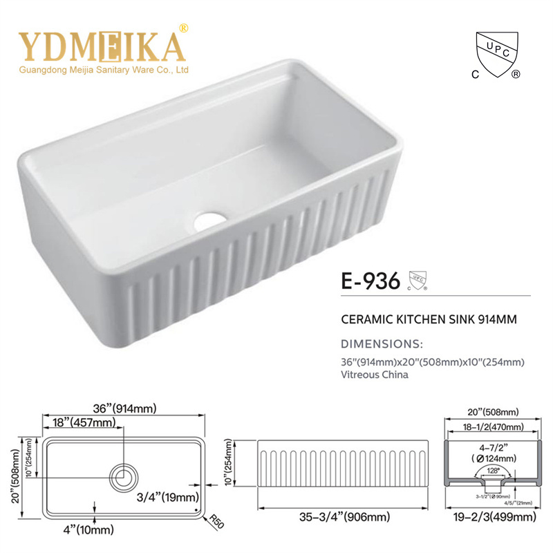 Hot Selling 24 Inch Farmhouse Ceramic Sink Single Bowl White Apron Front Kitchen Ceramic Kitchen Sink
