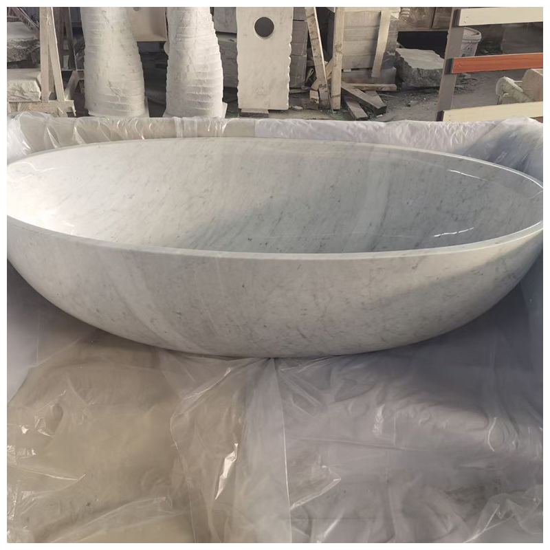 Polished Bianco Carrara White Marble Oval Soaking Bathroom Tub