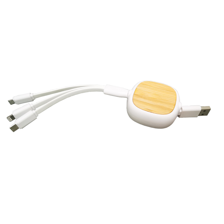 Retractable Eco Friendly Bamboo Wood for Mobile Phone Type C Micro USB Flat 3 in 1 Charging Cable