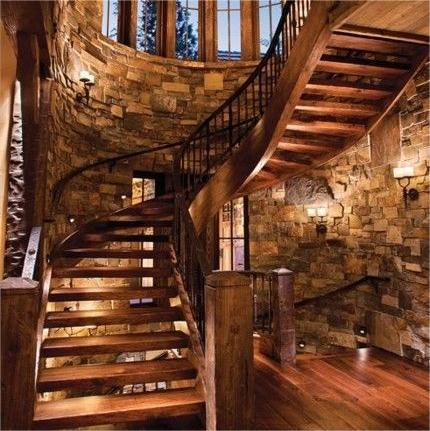 Custom Retro Design Vintage Curved Staircase with Handcrafted Wrought Iron Guardrail Solid Wood Steps