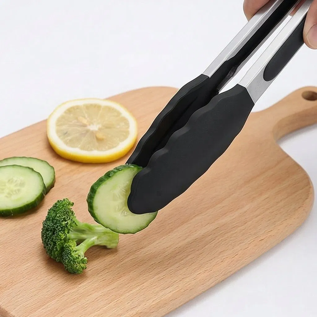 High-Temperature Resistant Stainless Steel Kitchen Bread Tongs with Silicone Tips, Kitchen Tool Accessories