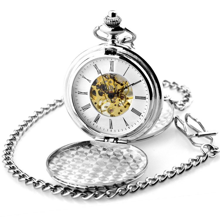 OEM Japan Quartz Movement Polished Shield Black Pocket Watch with Chain