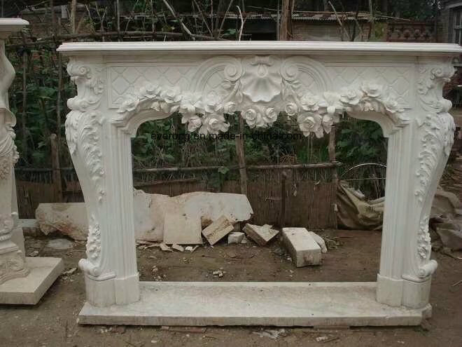 Natural Handcarving Stone Fireplace with White/Beige Marble