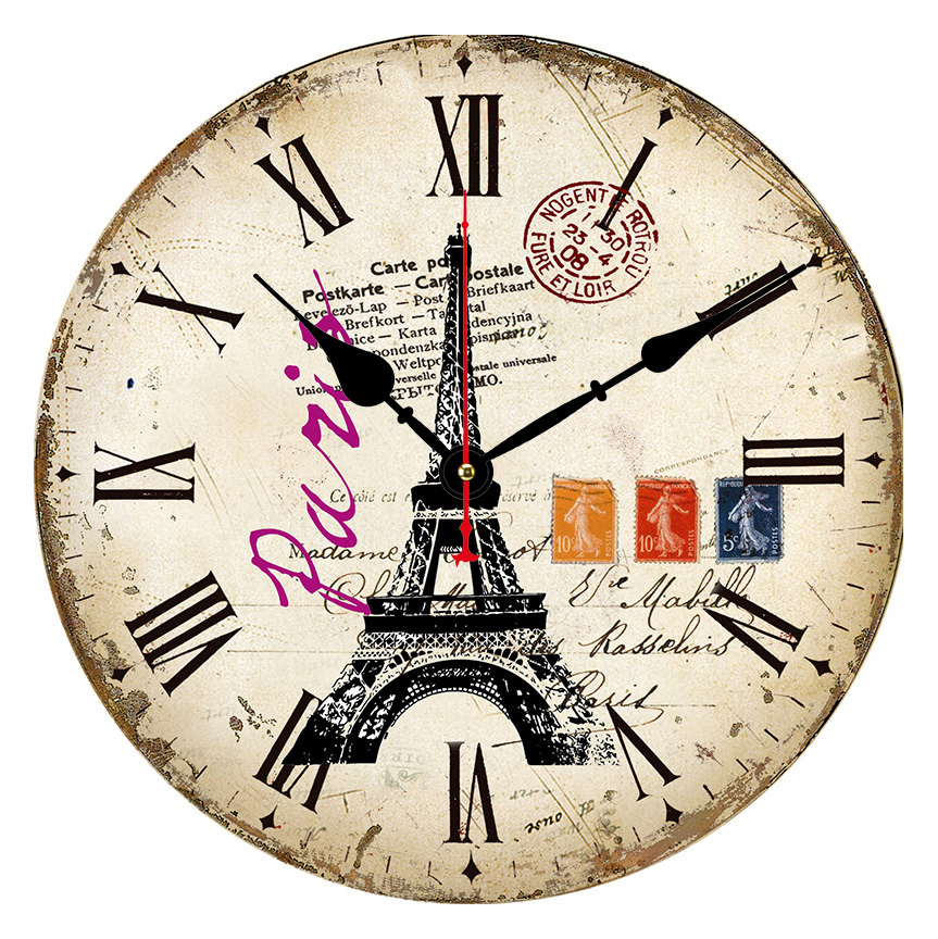 34cm Retro Vintage Clock Eiffel Tower Pattern Style Silent Wooden Wall Clock Quartz Battery Operated Decor Retro Design Clock for Kitchen/Living Room/Bed Room