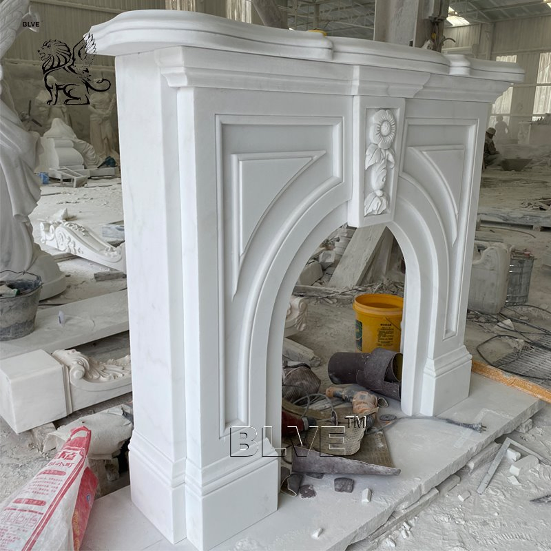 Blve Indoor Hand Carved French Style Freestanding White Stone Mantel Marble Modern Fireplace Wholesale