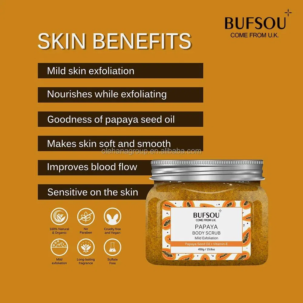 Custom Private Label Natural Organic Vegan Papaya Face Scrub Dark Spots Whitening Exfoliating Fruit Sugar Body Scrub