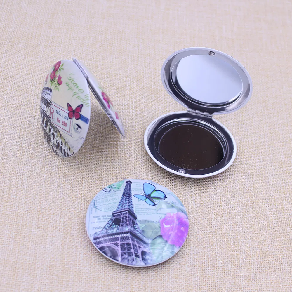 Custom Printed Compact Mirrors Heart Shaped Eiffel Tower Travel Souvenir Pocket Mirrors Portable Folding Makeup Mirrors Metal Mini Purse Mirrors