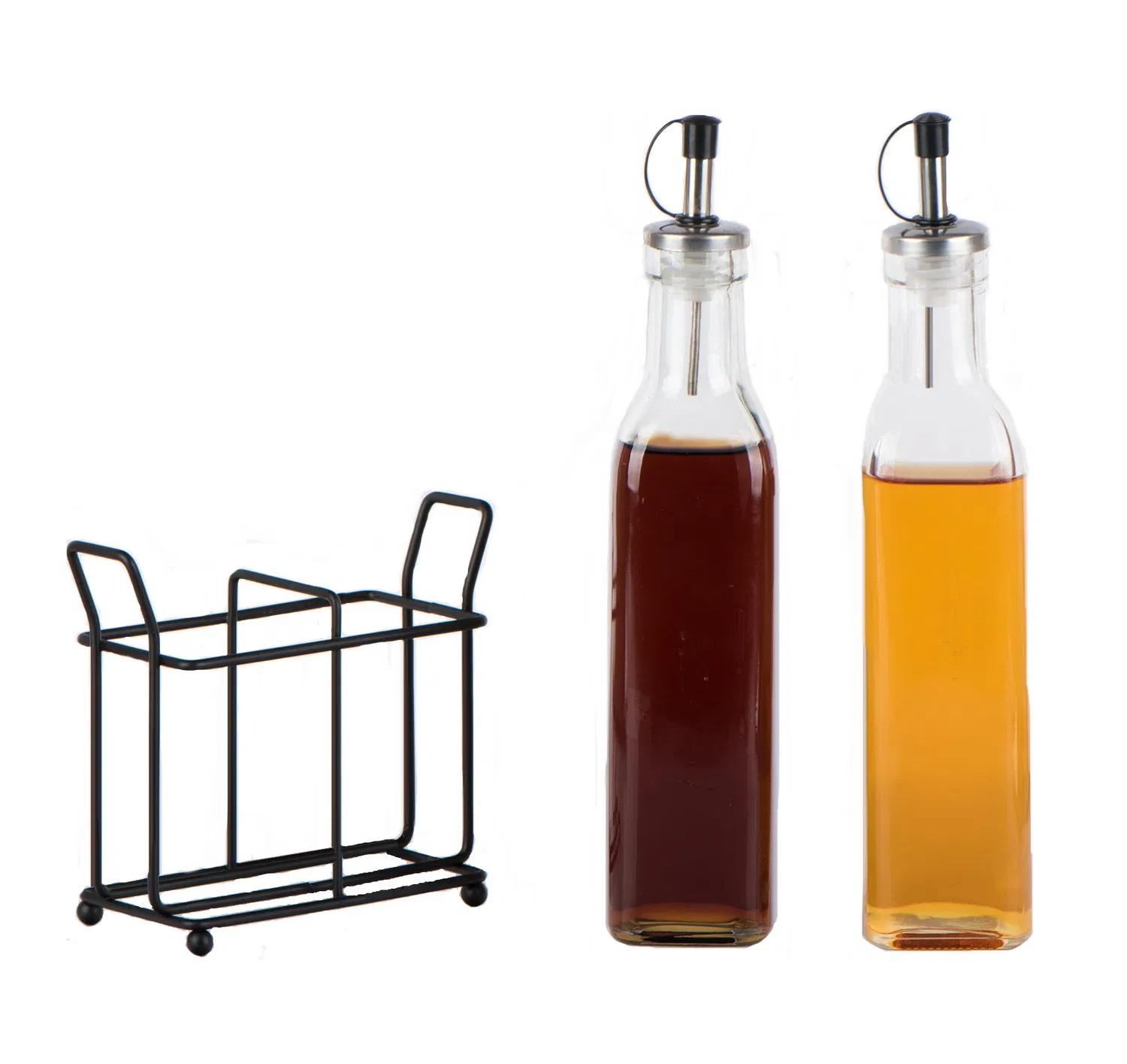 2PCS 280ml Square Glass Oil Vinegar Bottle with Metal Rack Olive Oil Bottle Glass Vinegar Bottle Glass Dressing Set