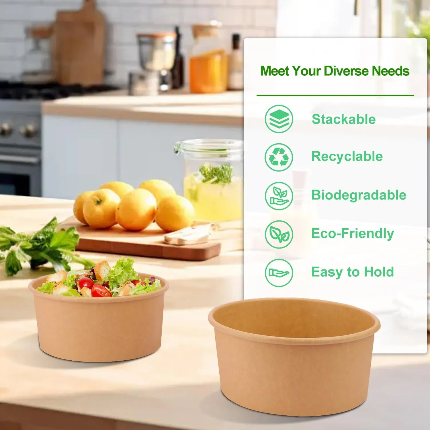 Kraft Paper Bowls, Disposable Soup/Salad Serving Bowls, Large Paper Bowls, Anti-Spill and Anti-Oil Soup Bowls, Disposable Food Containers for Hot/Cold Food