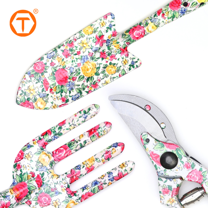Heavy Duty Flower Pattern Garden Spade Fork Hand Tools Kit Gardening Tool Set for Soil Digging