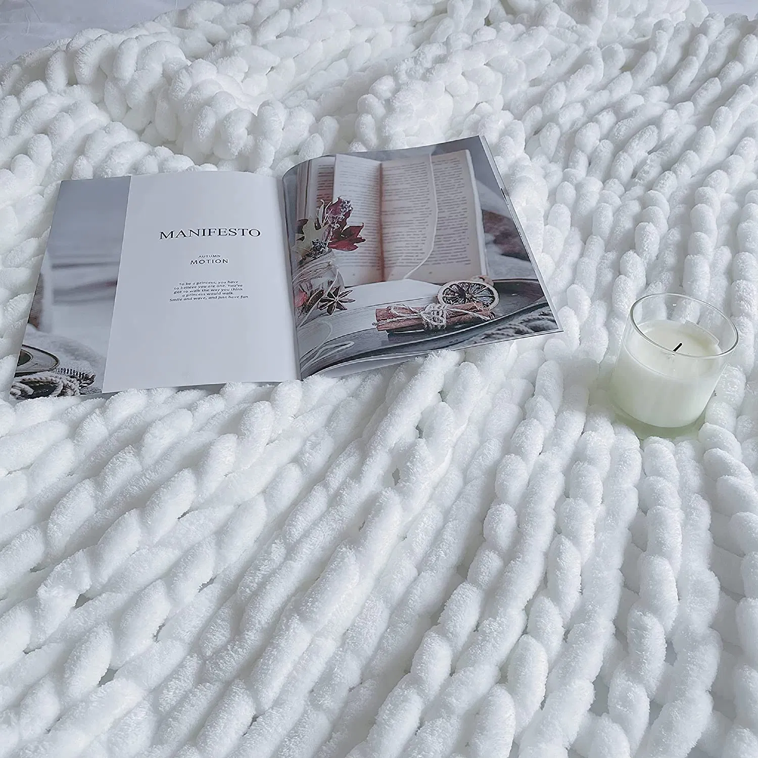 Chunky Knit Throw Blanket Soft Large Cable Knitted White Chenille for Bed Sofa Boho Fluffy Weight Blanket