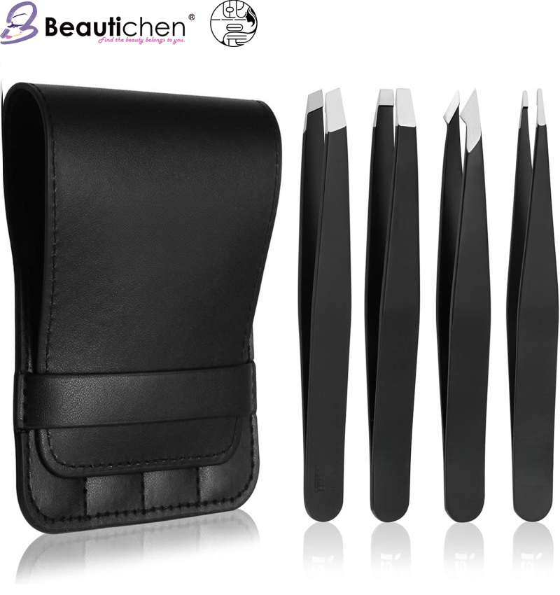 Beautichen Eyebrow Tweezers Set 4PC Stainless Steel Hair Removal and Brow Shaping Tool with PU Case