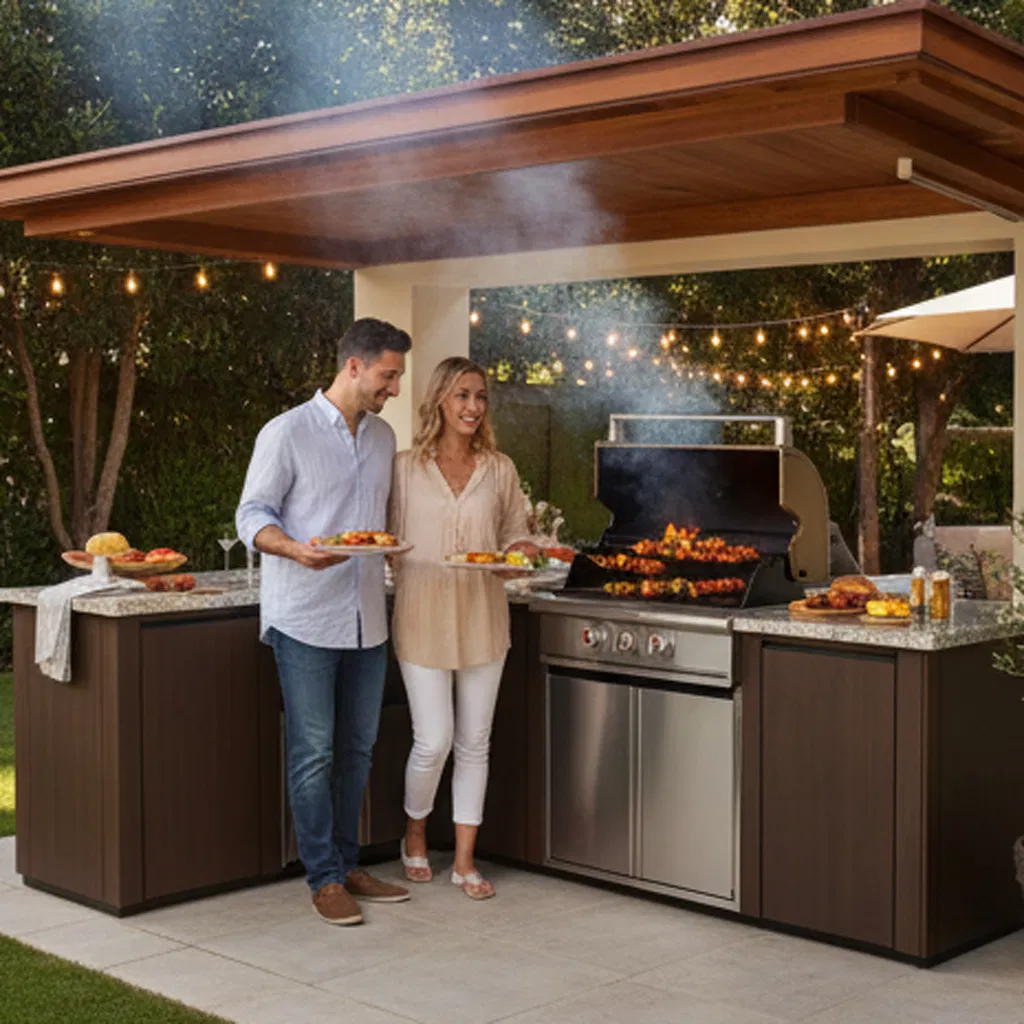 Modern Outdoor Gas Grill Trolley with Fridge and Storage Cabinet