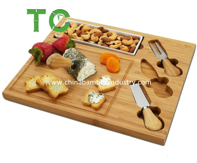 Wholesale Bamboo Cheese Board Set /Charcuterie Platter Serving Board With3 Stainless Steel Tools, 1 Ceramic Tray