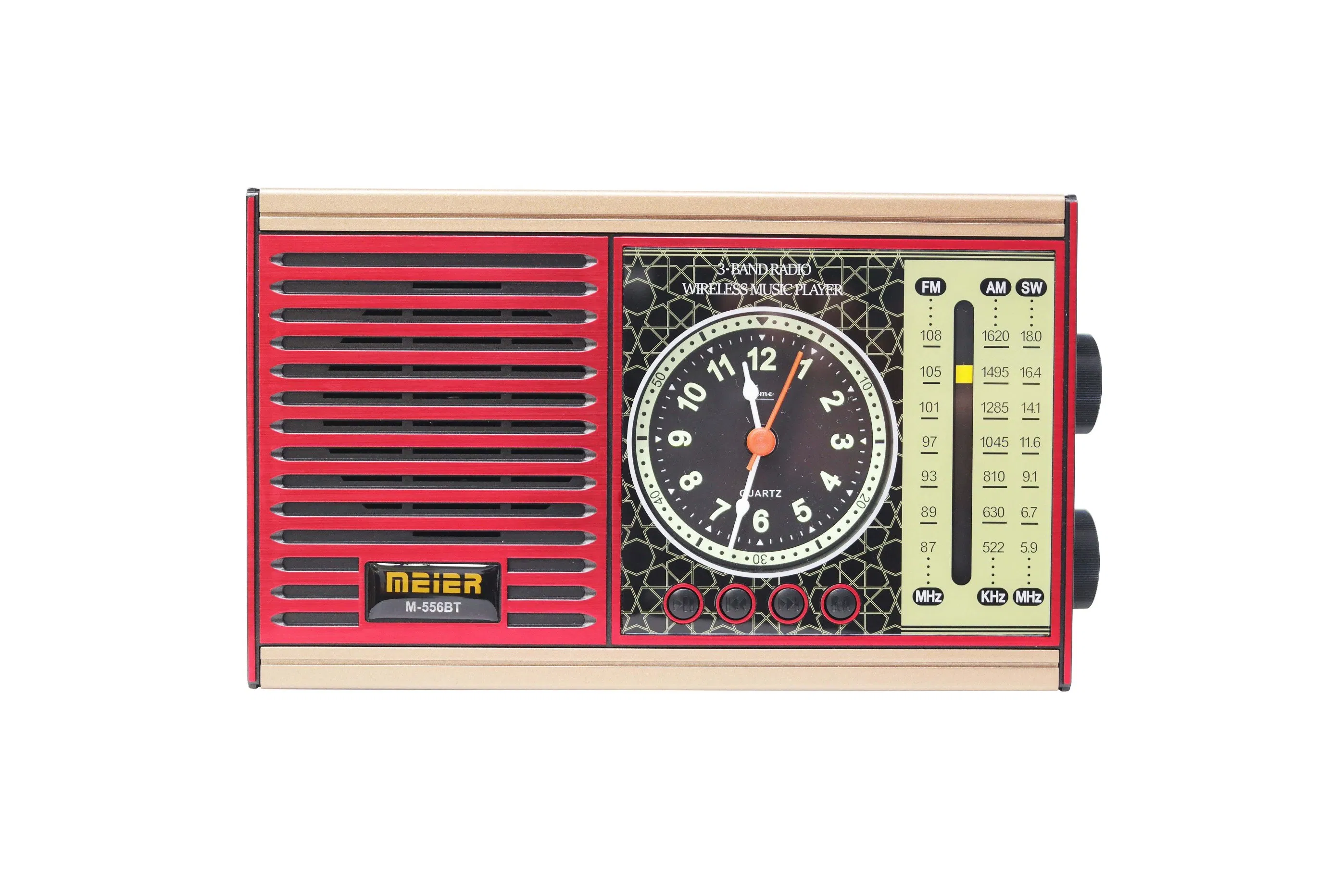Portable 3-Band Am FM Sw Radio, TF Card and MP3 Player, Rechargeable Speaker, Bluetooth Retro Design Clock Meier M-556bt
