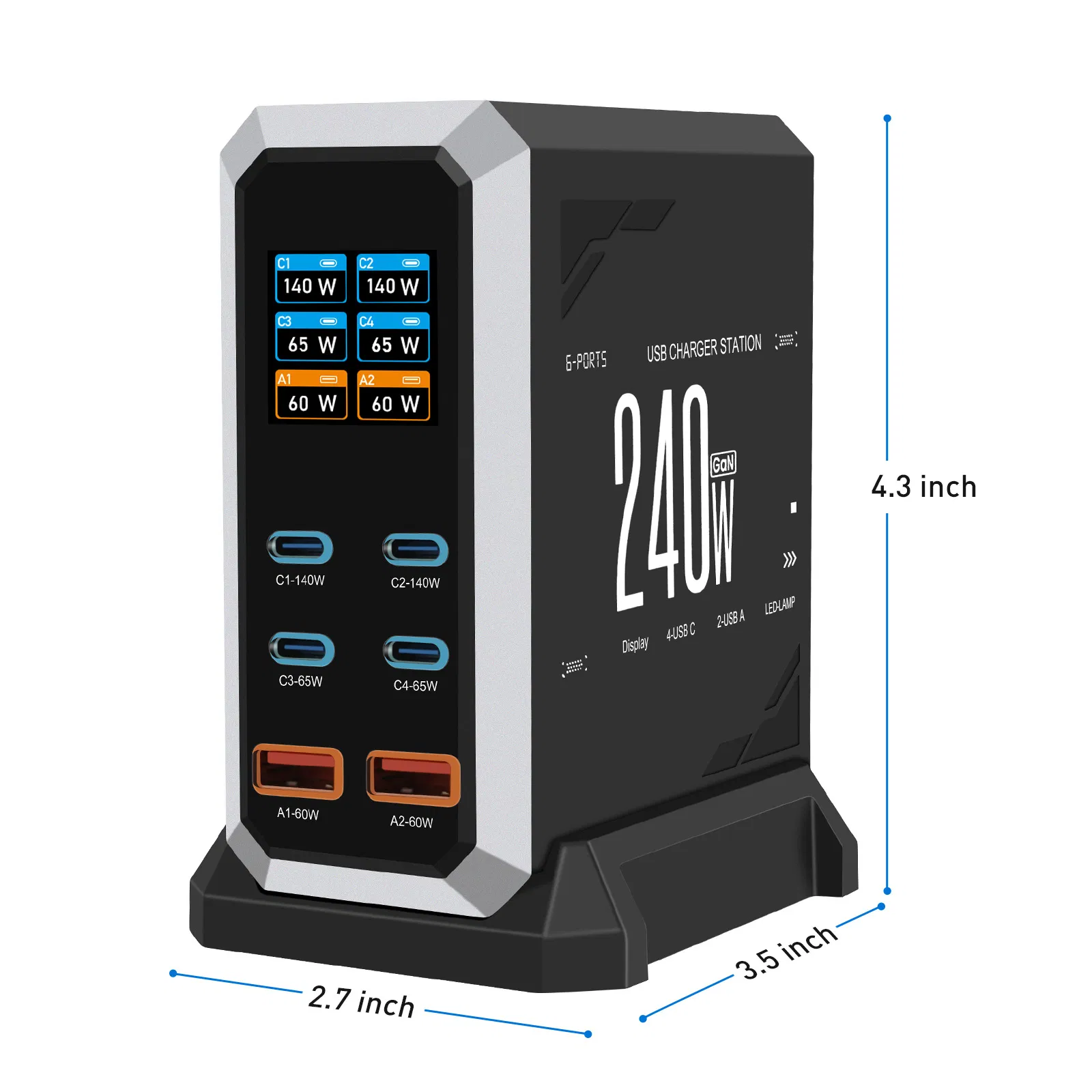 Зарядная станция GaN 240W с дисплеем, 6 портов USB-C
