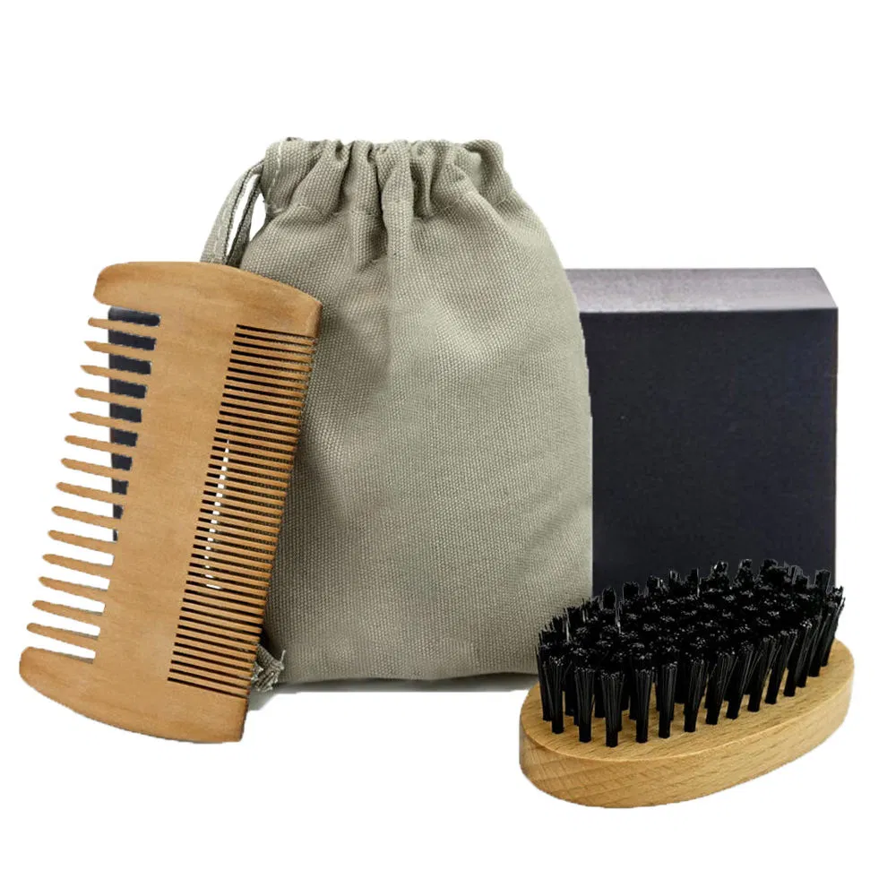 Custom Logo Professional Beard Brush and Comb Set Beard & Mustache Combs Men Boar Bristle Beard Brush and Comb Set
