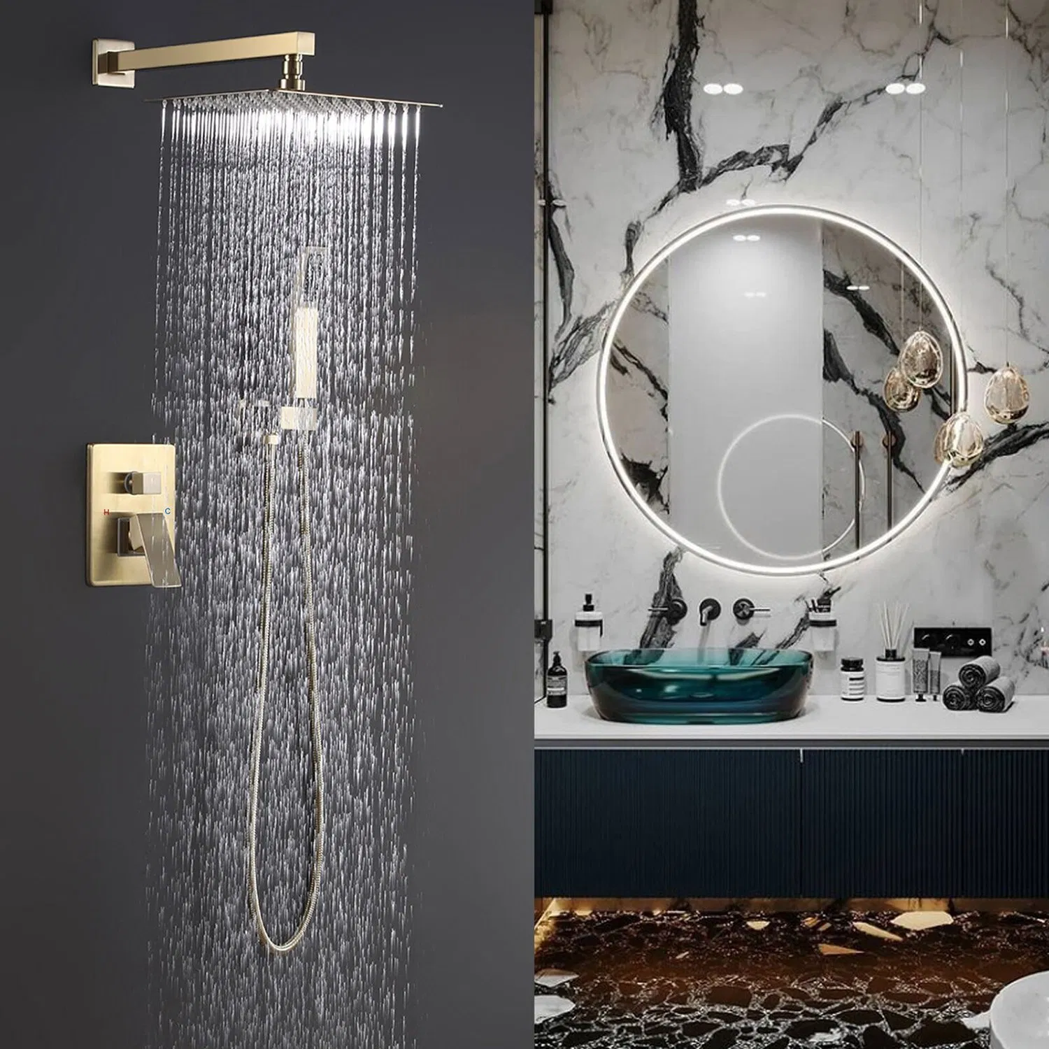 Aquacubic 12 Inch Wall Mounted Dual Handle Shower Set Contain Shower Faucet Mixer and Brush Gold Trim Kit