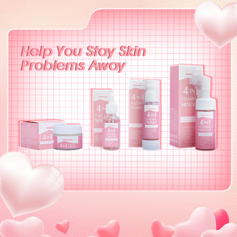 OEM Natural 4 in 1 Skin Care Set Vitamin C Serum Acne Cream Cleansing Face Mousse Skin Hydrating Toner Spray Facial Set