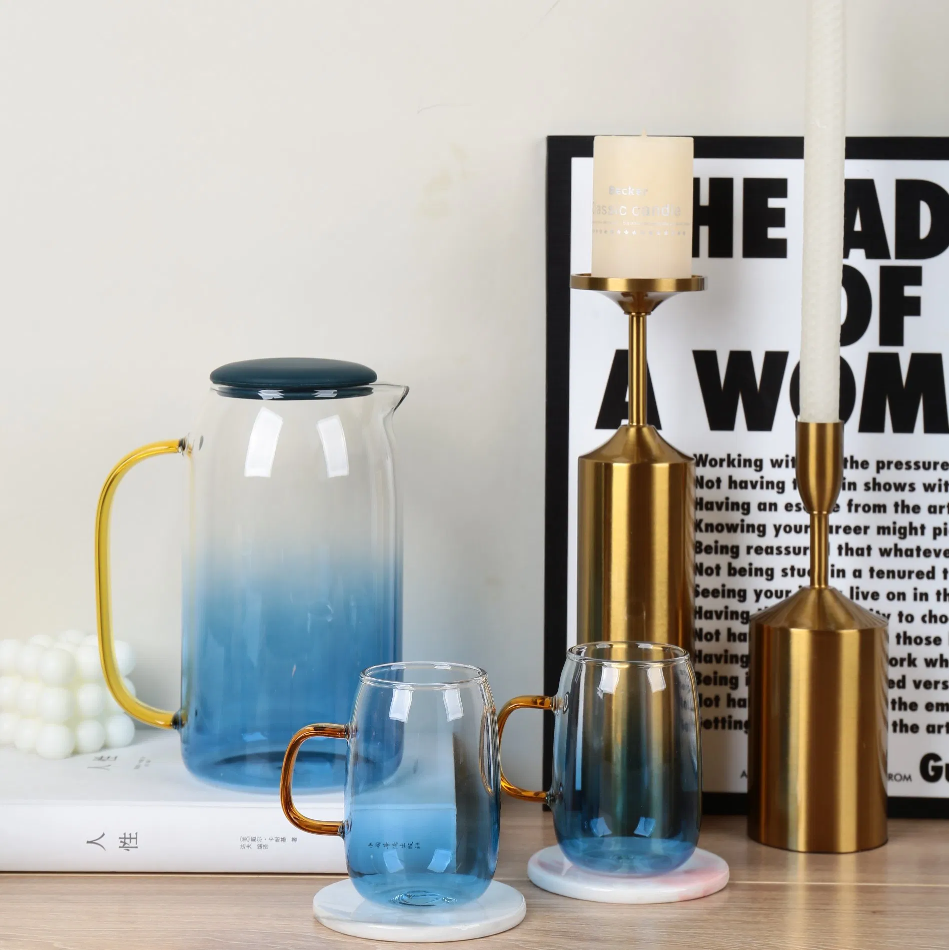 Amazon Blue Color Glass Water Pitcher Set Glass Juice Water Pot Cup Set