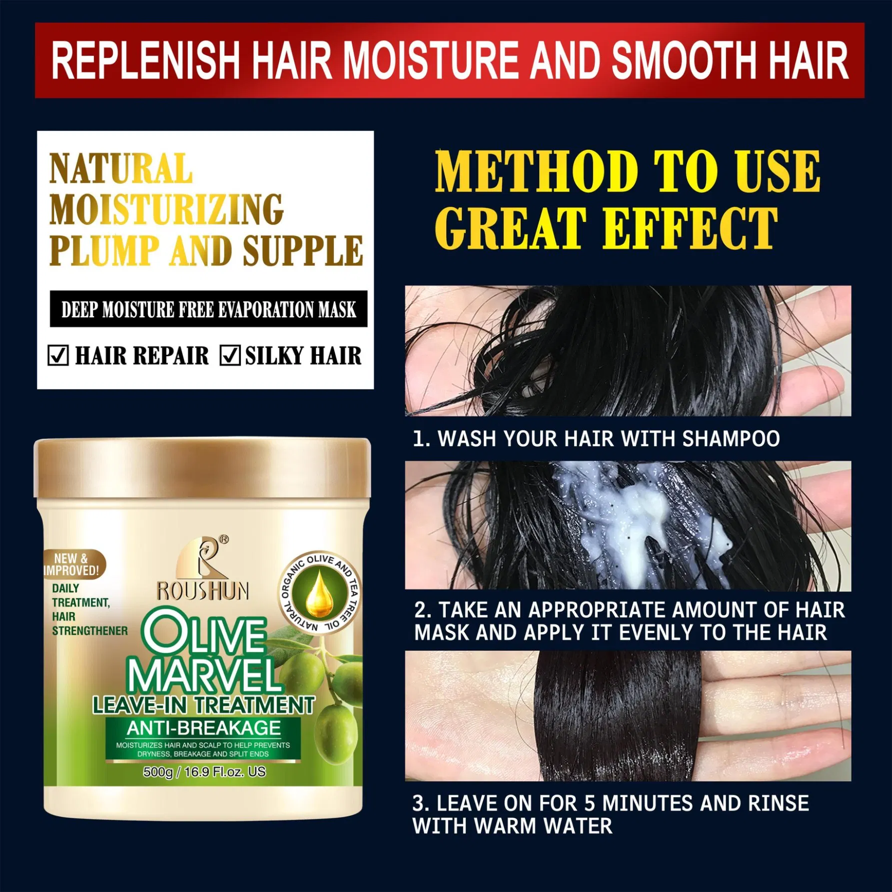 Olive Hair Treatment Hair Therapy Hair Care Smooth Private Label Roushun 500g