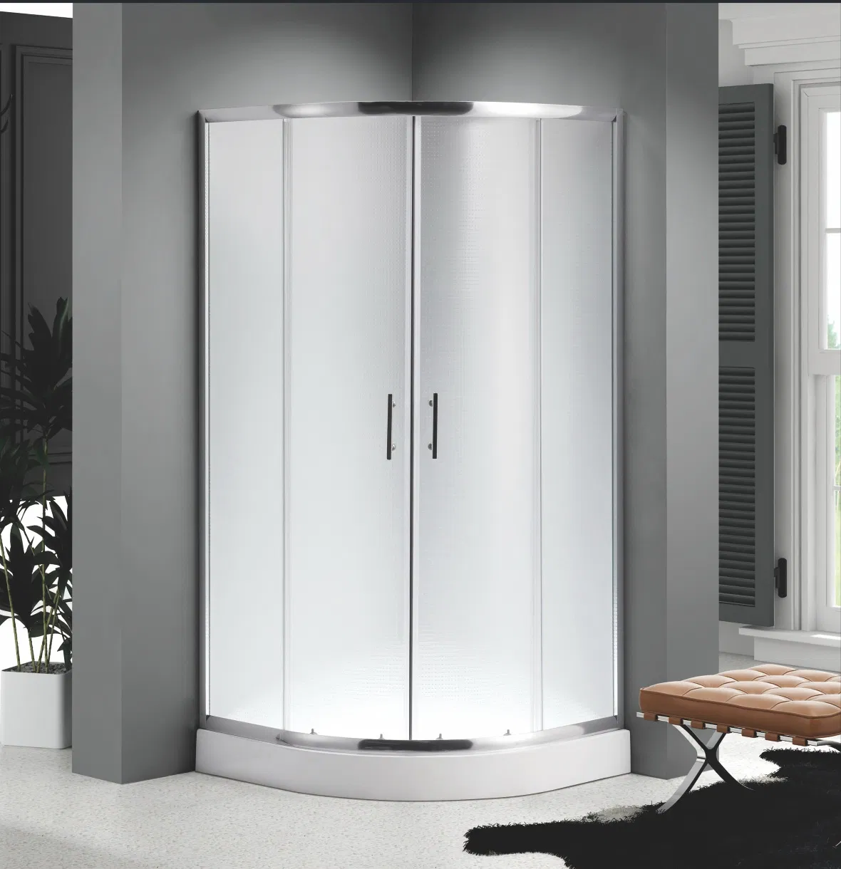 Tempered Glass Frame Black Shower Cabin with Mosaic Pattern Door
