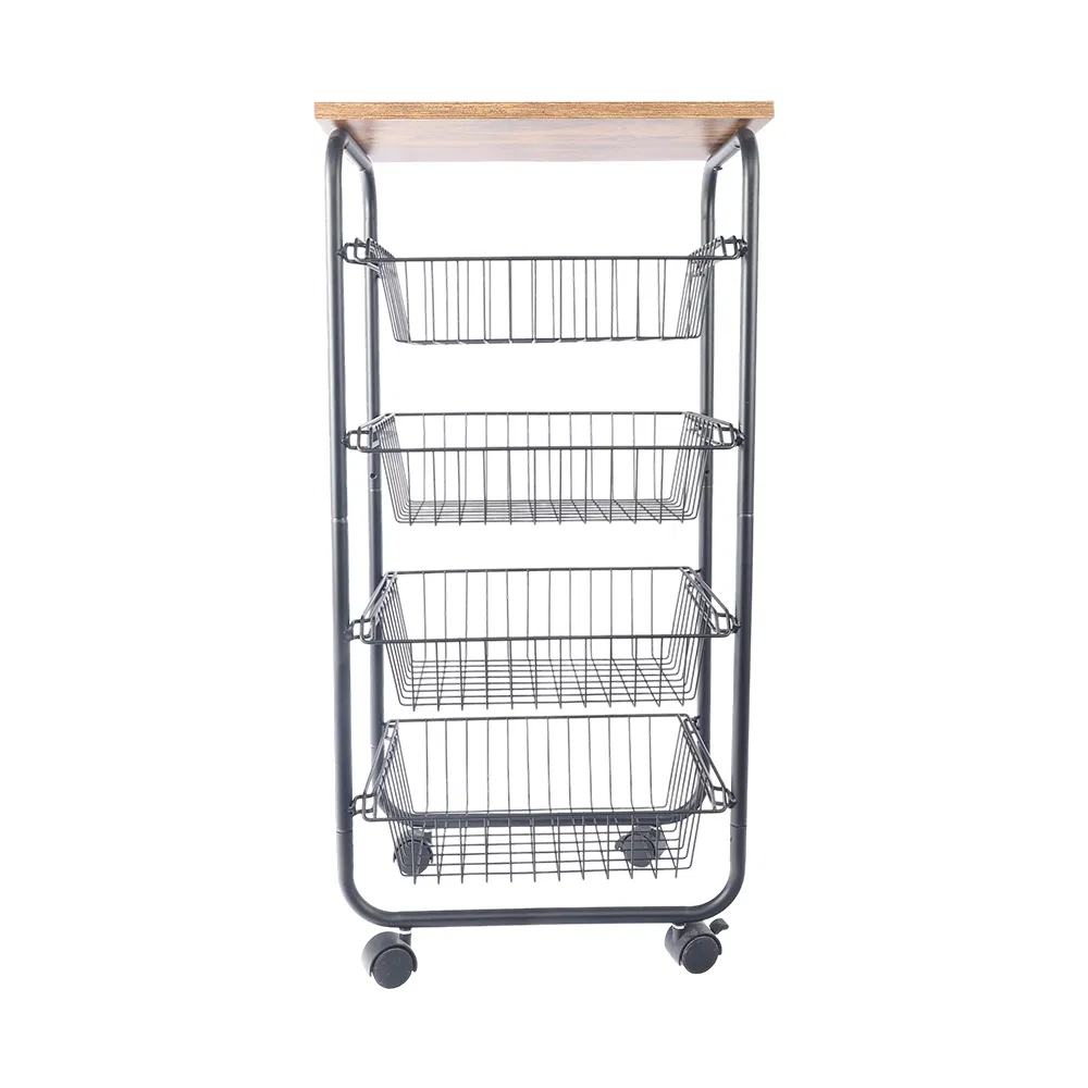 Мобильная кухонная тележка на колесах с 4 полками и корзиной