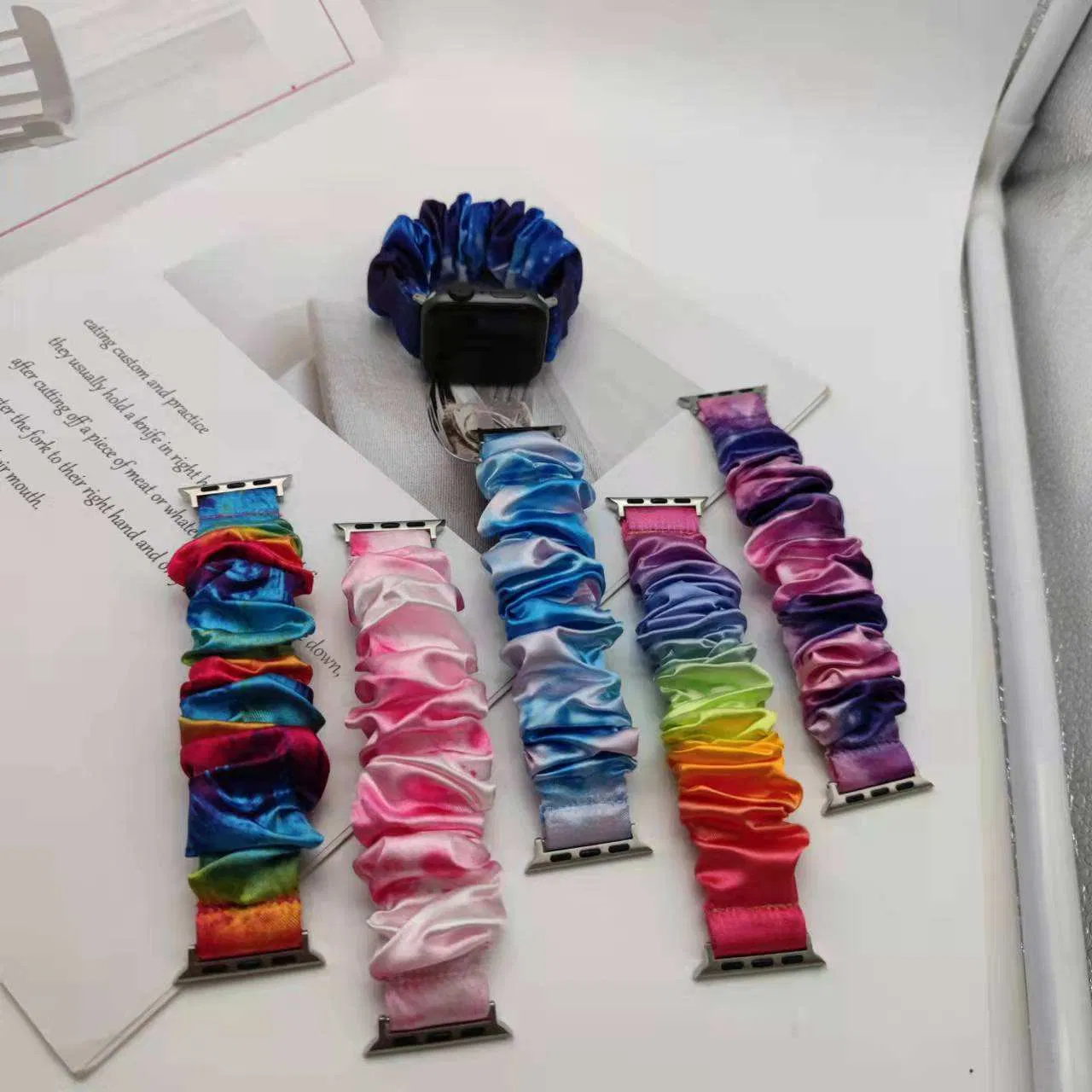 Girls Women Polyester Tie-Dye Rainbow Color Elastic Smart Watch Straps Scrunchie Band