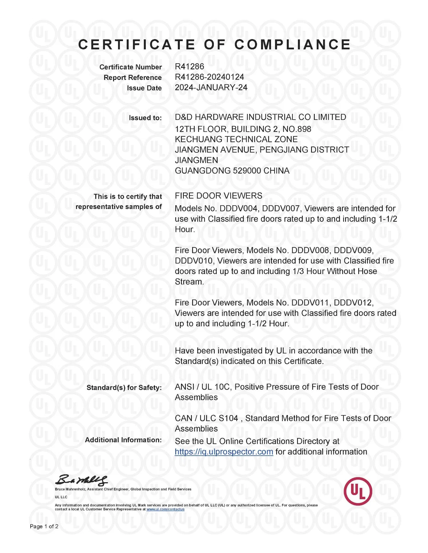 UL Fireproof 180 Degree Anti-Theft Door Peephole for House Safety