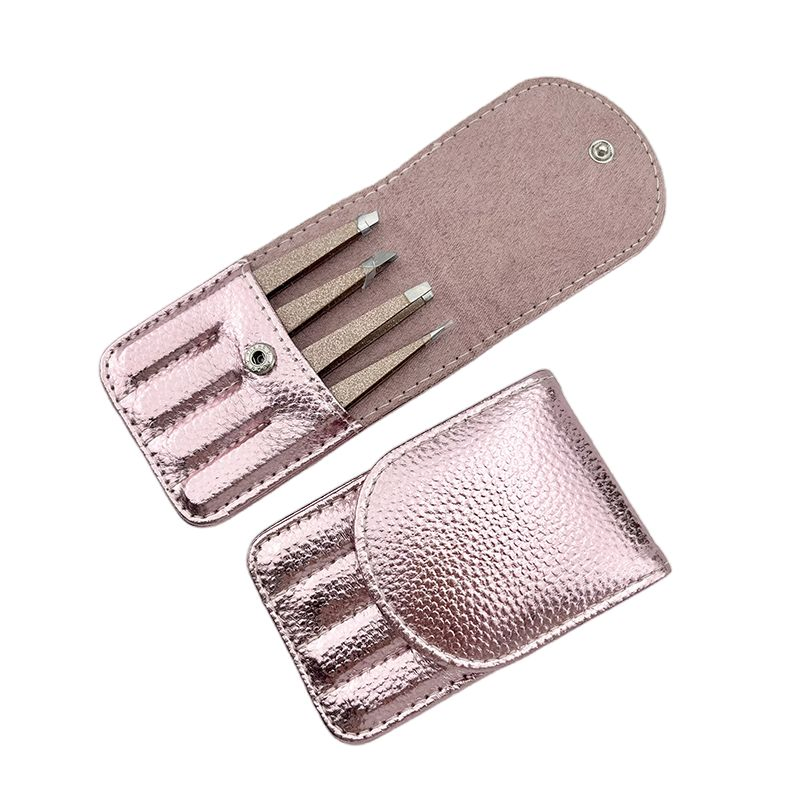 Make Your Own Logo Cosmetic Private Label Tweezer 4PCS Black Pink Gold Pointy Eyelash Eyebrow Tweezers Set with Pouch