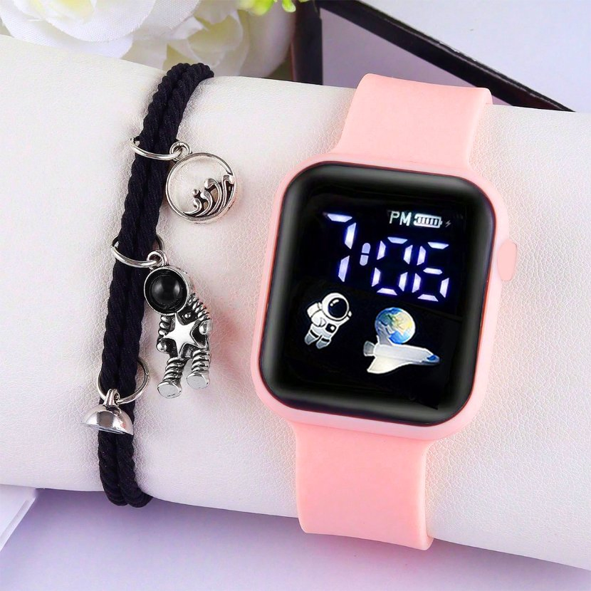 Pink Watch Set Girls Women Gift Digital Cute Cartoon Bracelet