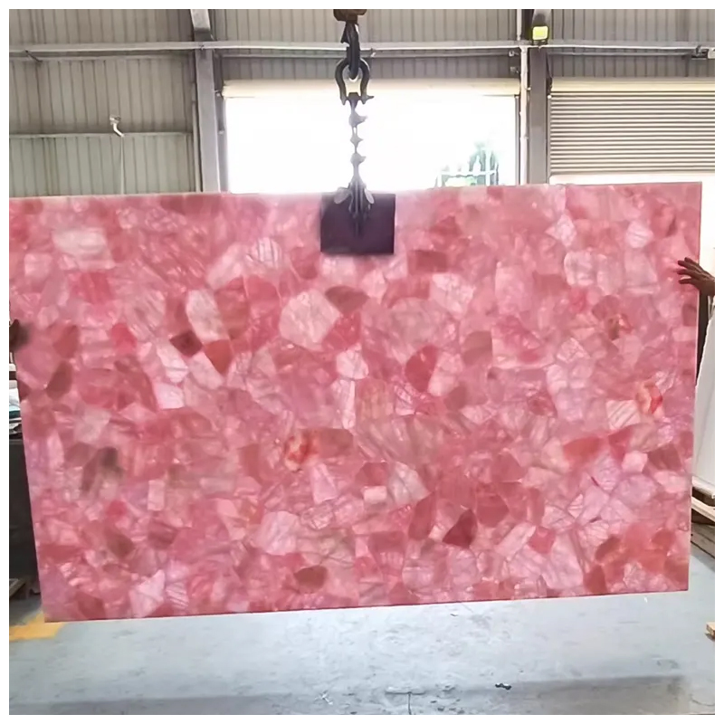 Semi Precious Rose Pink Crystal Quartz Slabs for Countertops and Wall Tiles