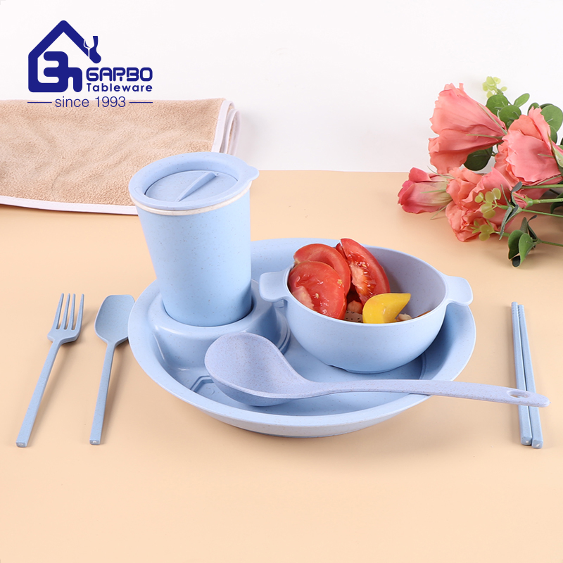 Wholesale Restaurant Plastic Cheap Colored Wheat Straw 5PCS Dinner Serving Set