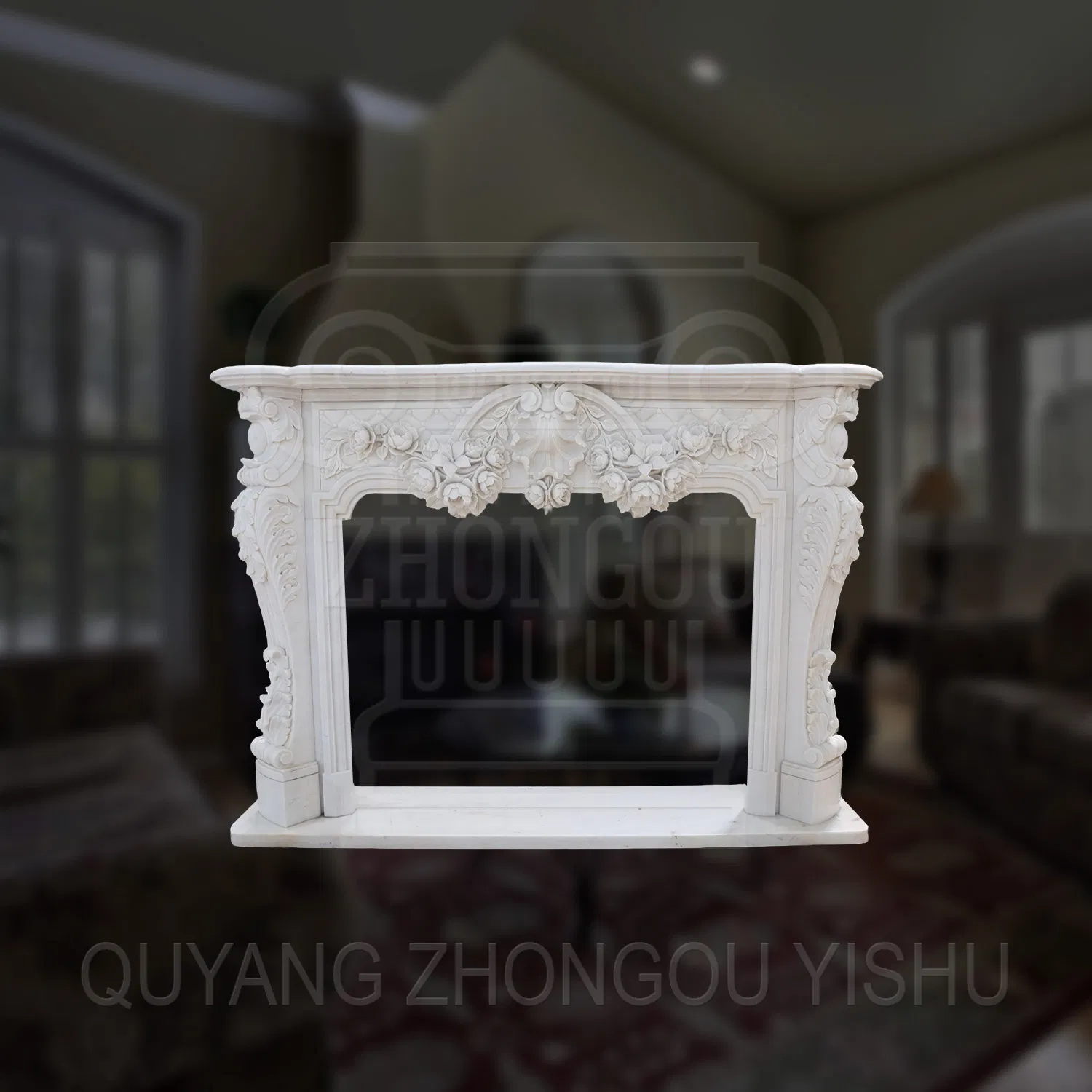 Majestic Dark Marble Fireplace Surround with Lion Sculpture