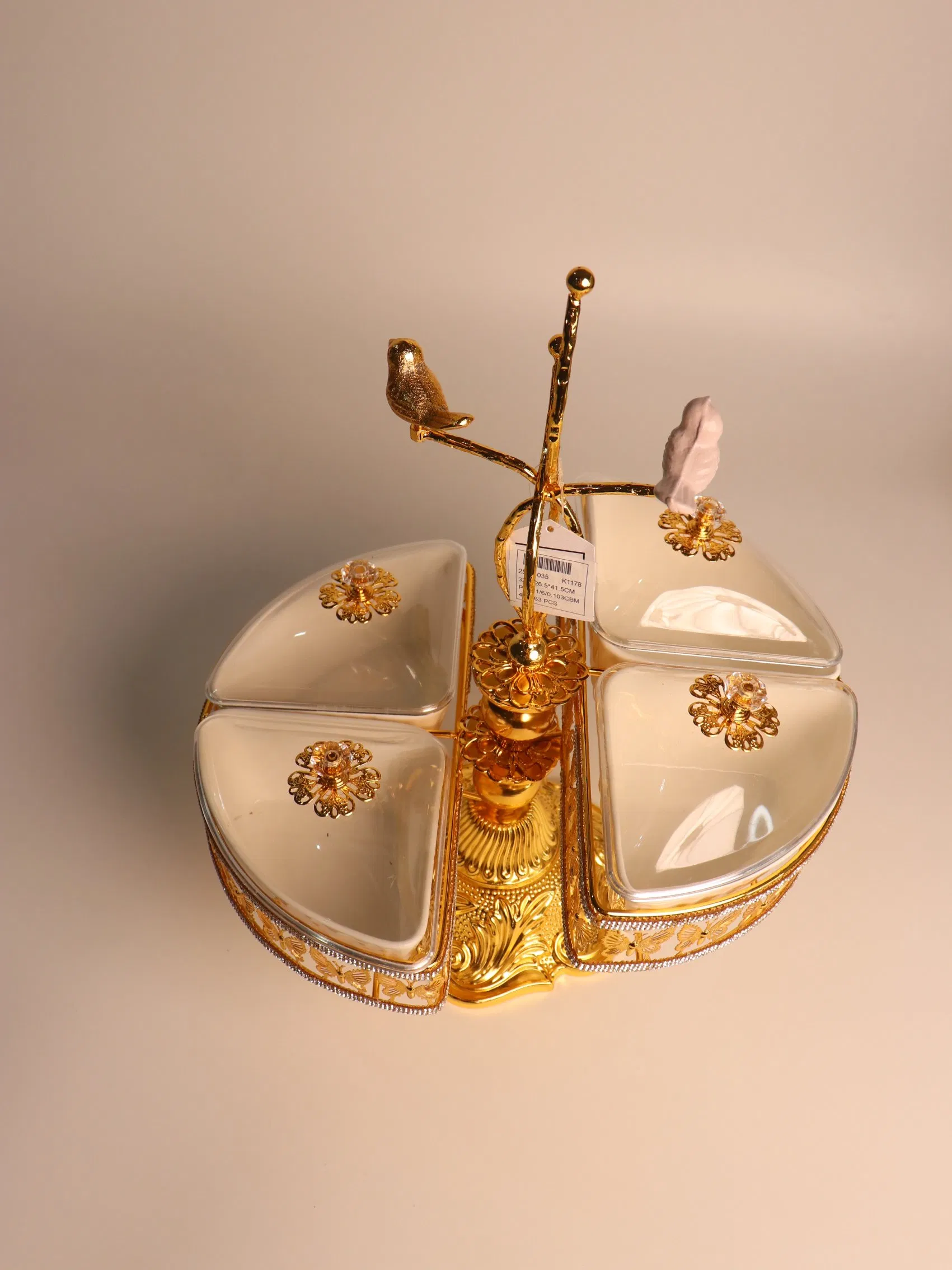 Home Ornament Gold-Plated Iron Frame with Large Size Four-Panel Ceramic Bowl