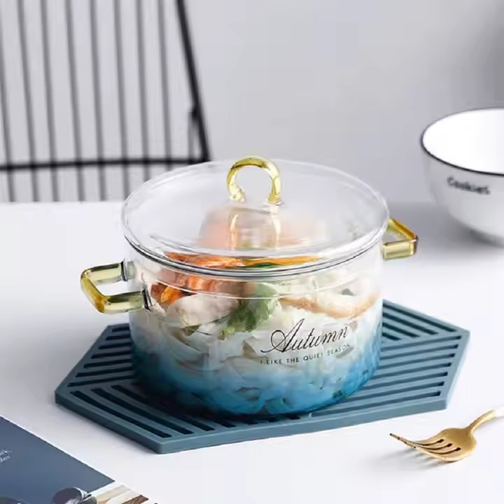High Borosilicate Blue Gradient Glass Cooking Pot with Two Ears for Long Heat Resistance