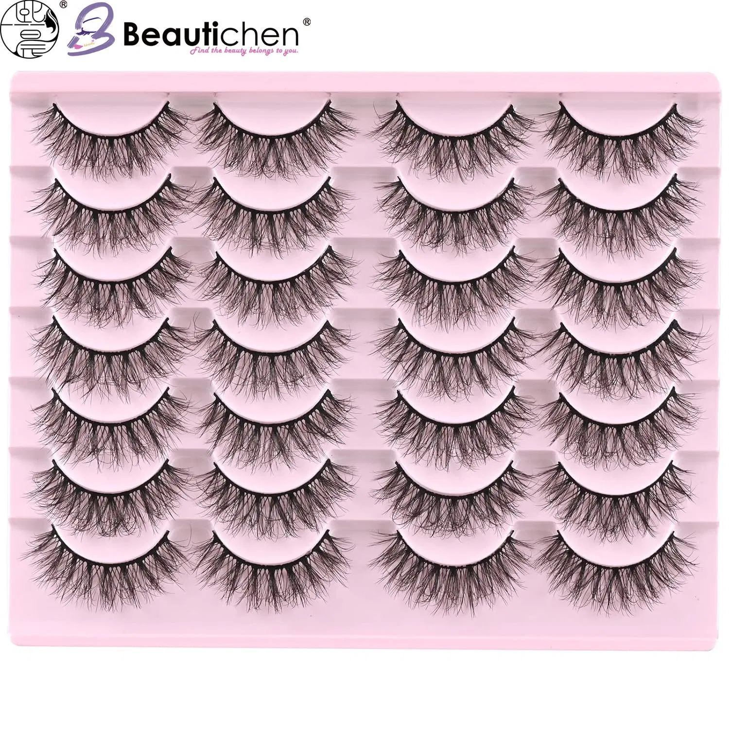 Beautichen 14 Pairs Dramatic 3D False Eyelashes Set – Voluminous & Curled Lashes in Pink Plastic Tray for Stunning Eye Makeup