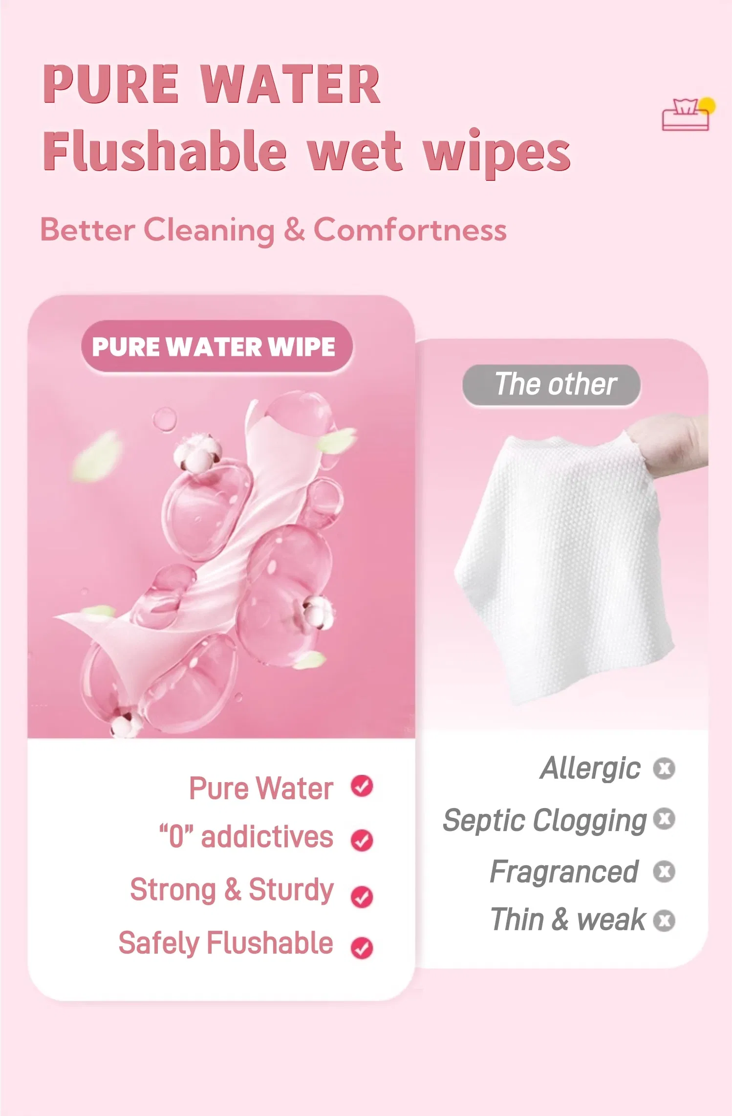 Flushable Adult Toilet Wipes, Fragrance Free, Biodegradable Material