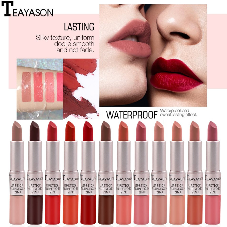 Online Wholesale in Stock 2 In1 Matte Lipstick Lip Liner Kit 12 Colors Non-Stick Cup Long-Lasting Waterproof Nude Lipstick