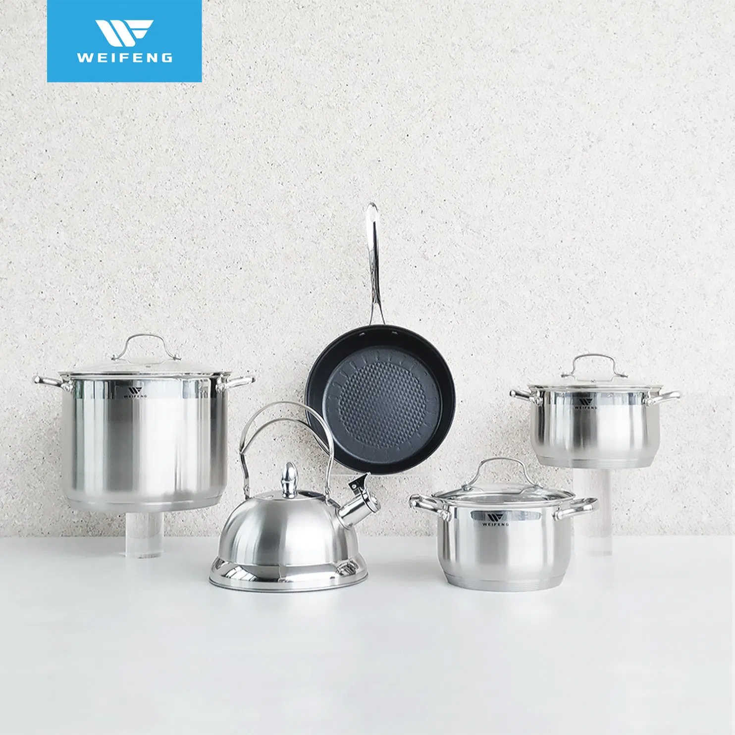 9 PCS Stainless Steel Cookware Set with Wire Ss Handle, Whistling Kettle