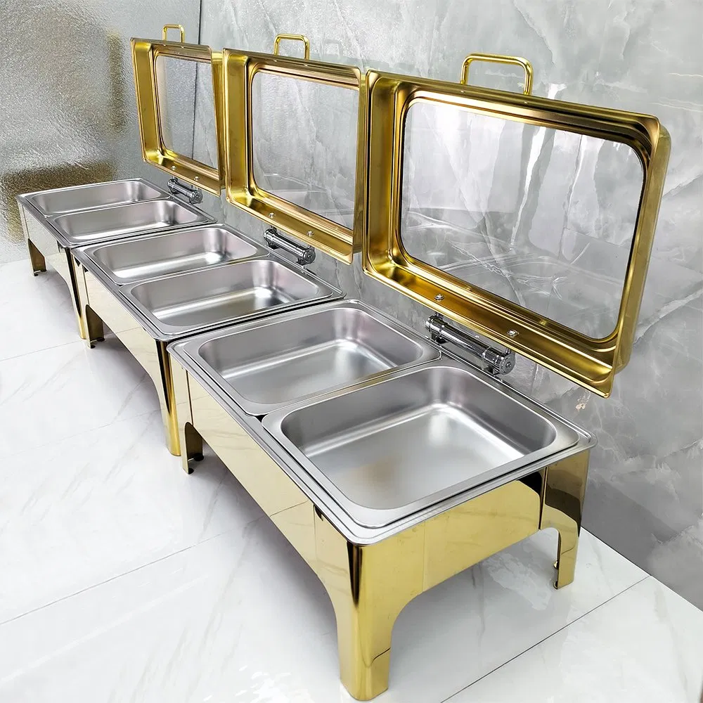 Luxury 9L Gold Stainless Steel Fuel Buffet Stove Food Warmer Chafing Dish for Wedding Buffet Server Gas-Powered Serving Food